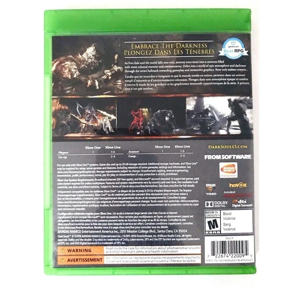 Dark Souls III 3 Xbox One Games Microsoft No Manual 2017